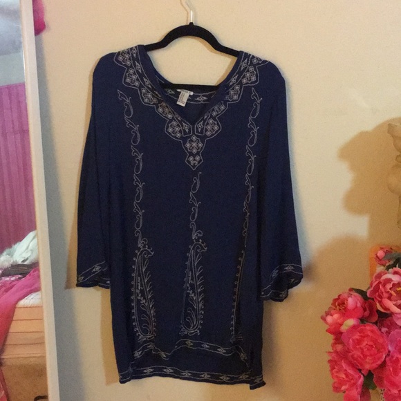 Navy Embroidered Sun Dress Bell Arms Short - Picture 4 of 5